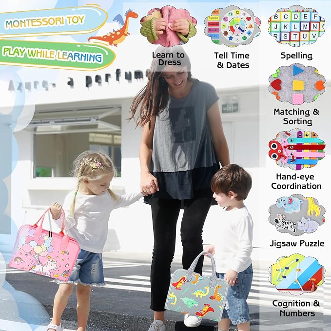 Esjay Busy Board Montessori Toys for Boys Girls, Sensory Book Educational Activities for Learning Fine Motor Skills, Birthday Gifts, Travel Toys for Airplane Car,Grey Multipages