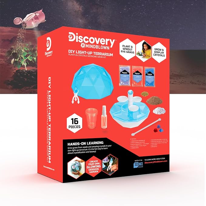 Discovery™ DIY Light-Up LED Terrarium - Plants & Crystals Geodome Grow Kit, 3 Colorful Crystal Formations, Rye Grass, Education STEM Activity Set, Indoor Science Experiment, Chemistry Gift