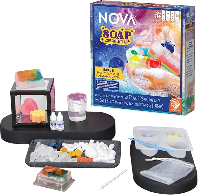 NOVA Soap Experiment Lab by MindWare Science Kit | Hands-on experiments kids set up and run themselves. Includes 2 bar soap molds and 2 beakers. Ages 8+.