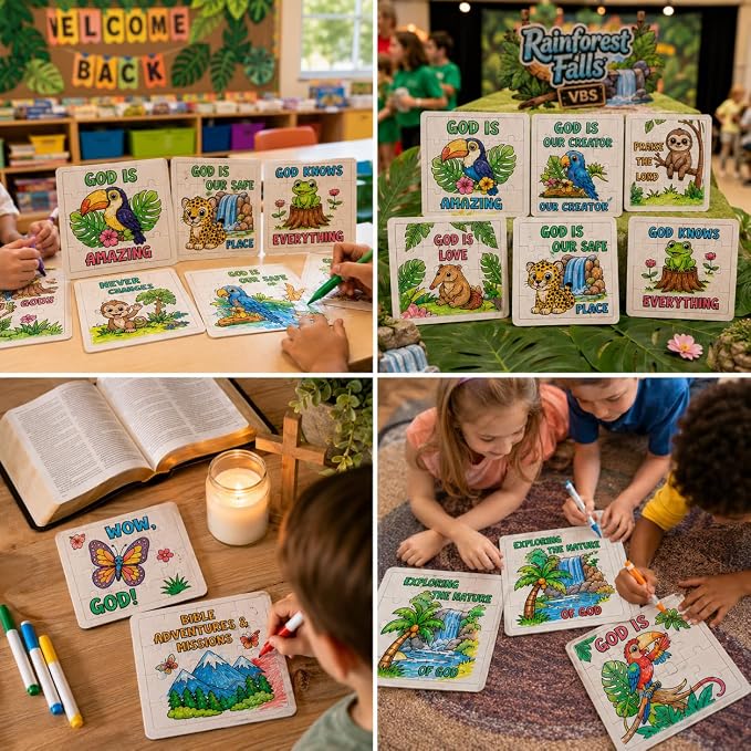 Cinrobiye 24 Pcs Rainforest Falls VBS Coloring Puzzle Kit, Christian Jungle Animal Puzzle Crafts for Vacation Bible School, Sunday School, Church Activities and Faith-Based Group Events