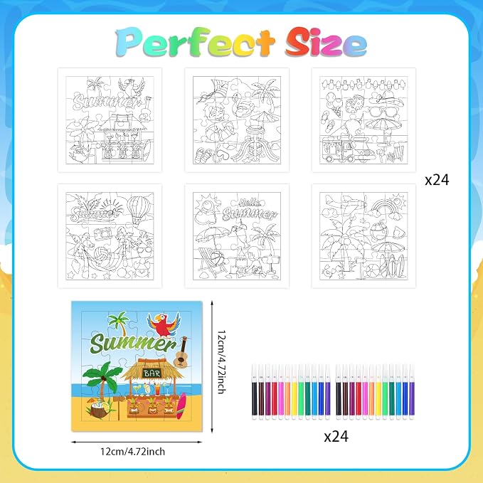 Fennoral 24 Pack DIY Coloring Summer Jigsaw Puzzle Craft Kit for Kids | Make Your Own Jigsaw Puzzle with Base Design, 4.7 Inch Bulk Craft Supplies for Classroom, Luau Party & Birthday Gifts