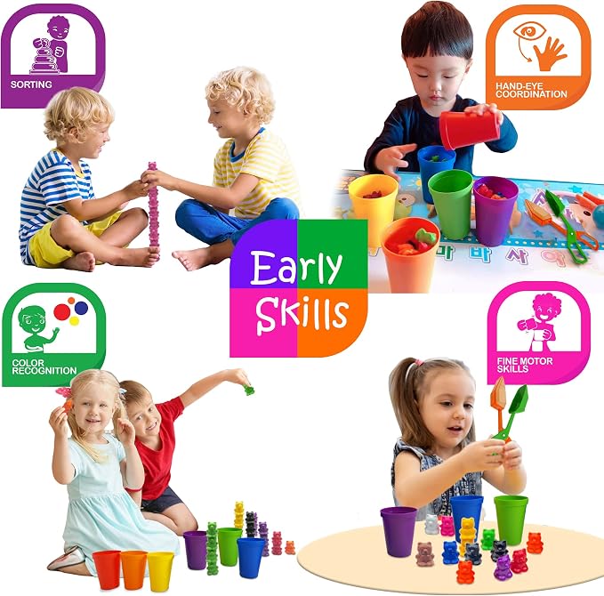 Skoolzy Stacking Toddler Peg Board 38 Piece Set and Rainbow Sorting Bears with Matching Cups 69 Piece Set Montessori Occupational Therapy Toddler Toys Kit with Storage Bags and eBook