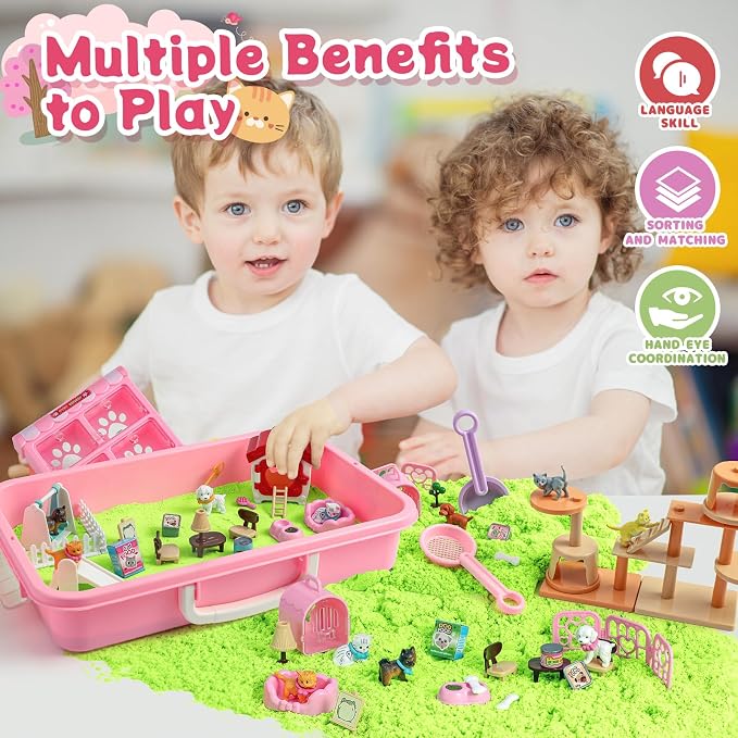 KNASON Cat and Dog Sensory Bin, Play Sand Kit for Girls and Boys Ages 3-8 | 2.2lbs Sensory Sand, Pet Sandbox with Lid, Cat and Dog Figures, Dog House, Cat Climber, Role Pretend Play Toy Gift for Kids