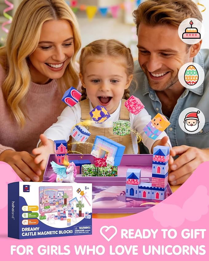 hahaland Unicorn Magnetic Blocks Travel Set Toy for Kids Ages 3-8, 50 Pcs | Includes Portable Magnetic Case, 2 Unicorn Figures, Magnetic Wand, 46 Pcs Mini Magnetic Cubes, Castle STEM Building Toy