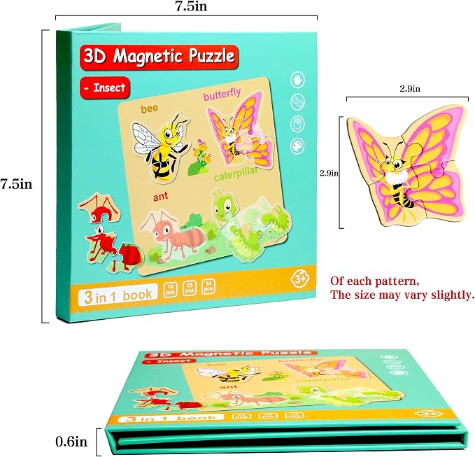 Magnetic Puzzles for Kids Ages 3-5, Travel Toddler Insect Puzzle Toy | Refrigerator Magnet Game for Ages 4-6, Learning & Birthday Gift for Boys, Car & Airplane Road Trip Quiet-Time Activity Toys