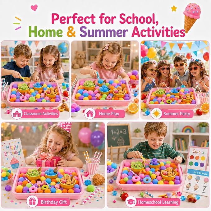 Cinrobiye 234 Pcs Ice Cream Sensory Bin Fillers Summer Sweet Treat Dessert Sensory Bin Items Filler Fine Set with Tools Storage Box Pompoms for School Home Activities Sorting Counting Decor