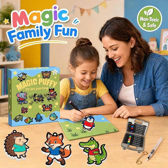 MWOMGLP Magic Foam Texture Painting Kit, 16 Pack DIY Puffy Foam Art Craft Set for Kids, 3D Sensory Painting Paper with Colorful Foam Sheets, Creative Gift for Boys Girls Ages 3+(Animal Fashion)