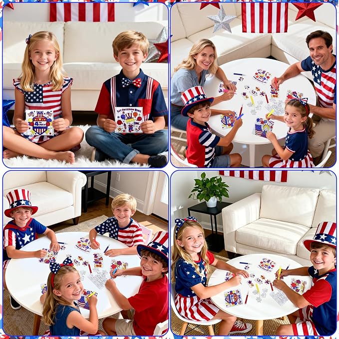 24 Sets 4th of July Crafts for Kids, Patriotic Crafts Activities DIY Puzzle Kits Red White Blue Star Flag Independence Day Memorial Day Jigsaw Painting Arts for Party Favors Gift Supplies Coloring Toy