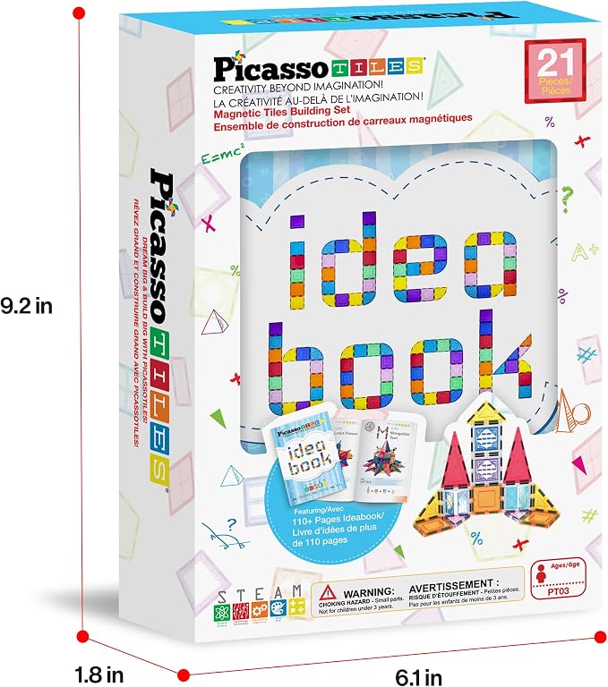 PicassoTiles Magnetic Tiles Magnet Toys Building Blocks Construction Set with 110+ Pages IdeaBook STEM Learning Playset Toddlers Educational Fun Play Kids Boys Girls Sensory Toys Ages 3+ PT03