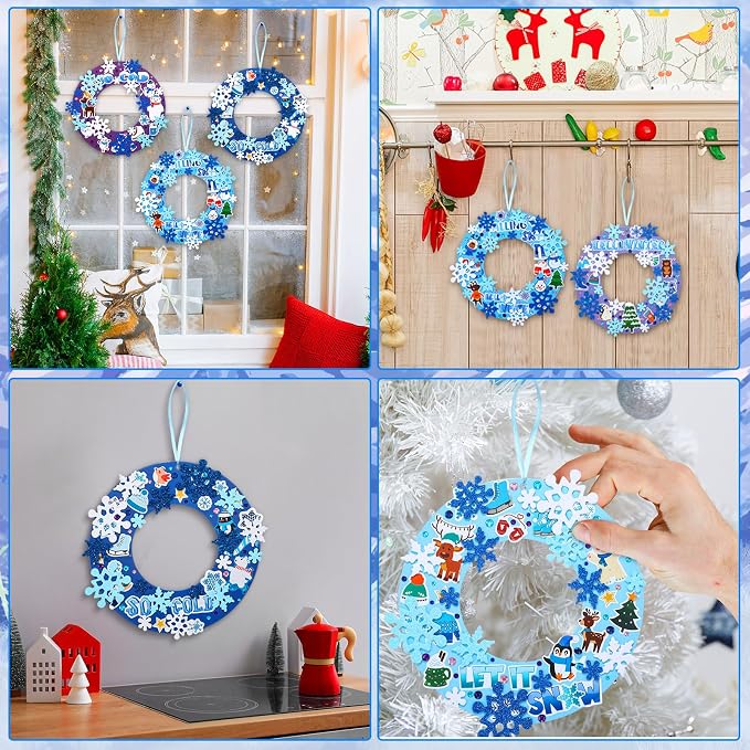 Hollowfly 48 Sets Winter Snowflake Wreath Craft Kits | Snowman, Penguin, Elk, Sweater and Snowflake Stickers, 7.09 in Paper Wreaths, for Winter and Christmas Group Activities
