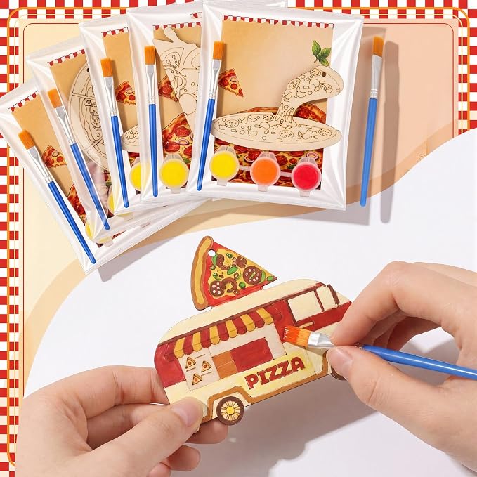 Saypacck 24 Pcs Party Favors Wooden Painting Craft Kits Birthday Party Supplies with Organza Bag for Goodie Bags Fillers Adult Thank You Gifts(Pizza)