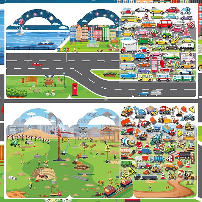 Elfew 2 Pack Puffy Vehicle Sticker Books for Toddlers Ages 2-4 3-5 | Extra-Large Tri-Fold Sticker Book, Construction Truck and Car Theme, Over 100+ Stickers, 3D Reusable, Activity Gifts for Boy