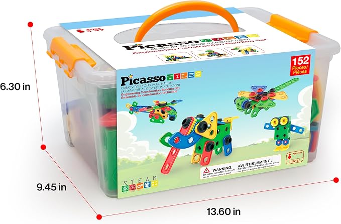 PicassoTiles 152pc STEM Construction Toy Building Set for Kids Ages 3+ Includes Power Drill, Ratchet, Idea Book, Storage Box Educational Engineering Science Kit & Sensory Toys for Boys & Girls PTN152