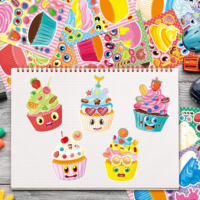 24 Sheets Make a Face Cupcake Stickers for Kids Party Favors | Make Your Own Dessert Stickers Birthday Decorations Supplies, Toddlers Crafts Activities Gifts Goodie Bags Stuffers