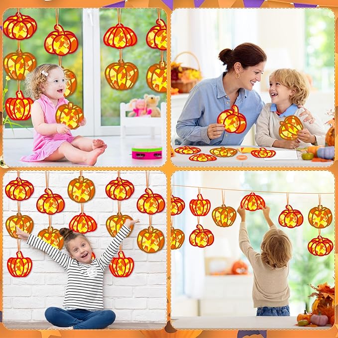 Qyeahkj 36 Set Fall Pumpkin Suncatchers Crafts for DIY Autumn Window Tissue Paper Crafts Kit Thanksgiving Pumpkin Hanging Decor for Fall Home Activity Art Project Birthday Party Favor Gift