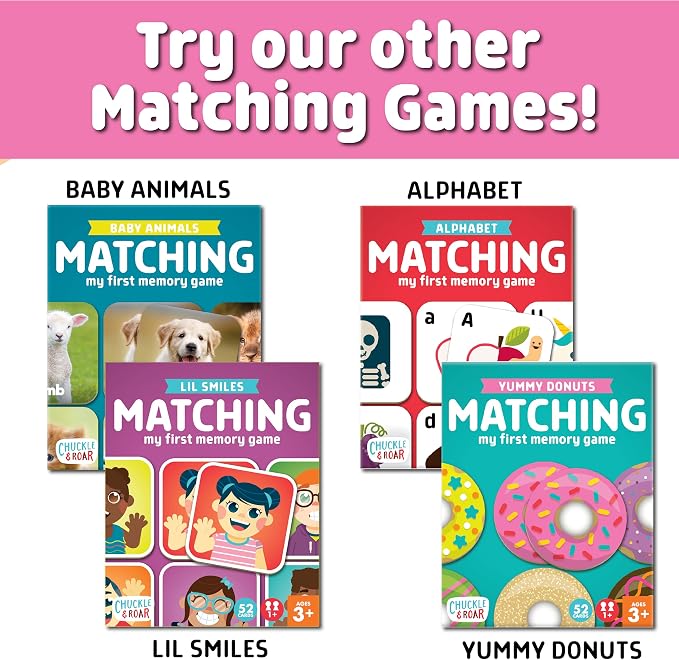 Chuckle & Roar Memory Game, Donuts, Matching Game, 52 Tiles, Ages 3+ | Sturdy Cardboard Tiles, More Matching Pairs, Solo or Up to 4 Players, Compact for Travel, Fun Food Theme, Preschool Games