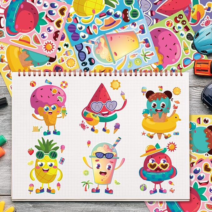 24 Sheets Make a Face Summer Stickers for Kids Party Favors | Make Your Own Summer Stickers Birthday Decorations Supplies, Toddlers Crafts Activities Gifts Goodie Bags Stuffers