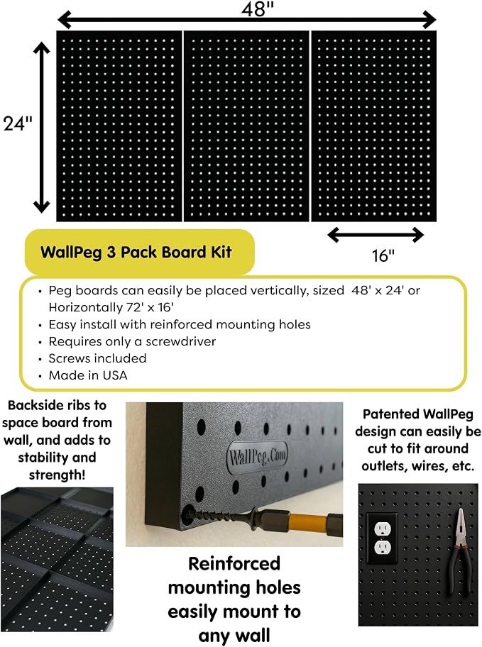 Peg Board for Nerf Gun Storage Organizer Kit 3 ea 24”x16” Pegboard Holder for Nerf Blasters Wall Organization