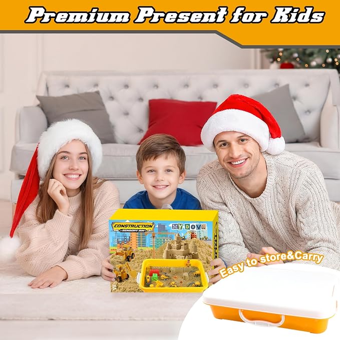 Sand Construction Kit - Play Sand Art Kit with 7 Construction Truck, 2lbs Magic Sand, Castle Molds, Crane, Worker Figures and Road Signs, Construction Sensory Bin for Preschool Learning for kids 3+