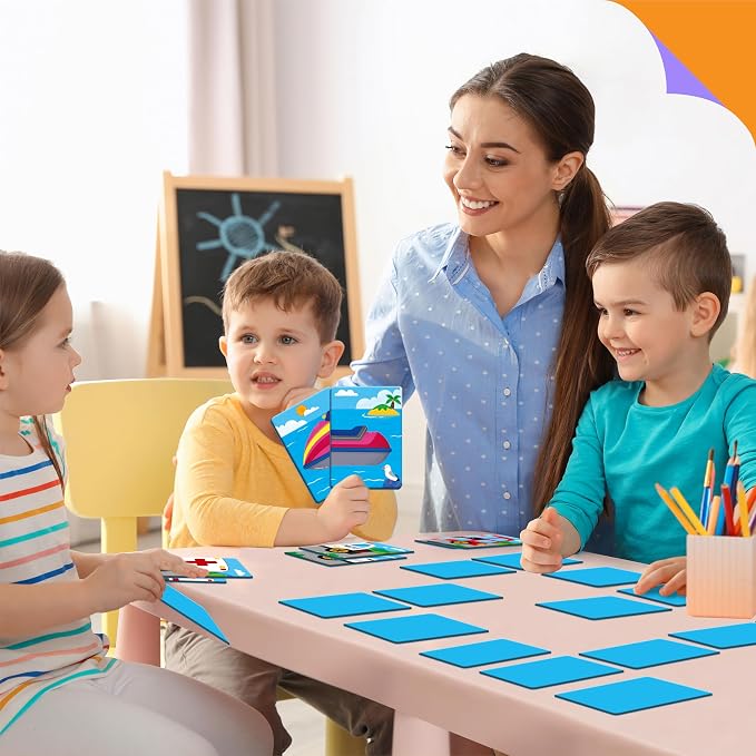 SpriteGru Vehicle Memory Game, 28 Chunky Cards Transportation Theme Head Tail Matching Game 1-5 Players Land/Water/Air Vehicles Memory Matching Game for Preschoolers, Toddlers, Kids