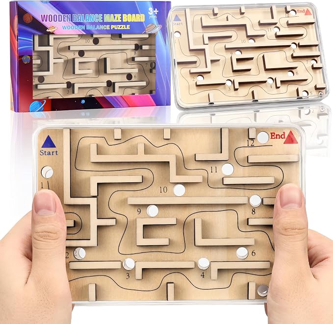Handheld Fidget Brain Teaser Puzzle Game for Kids - Challenging Wooden Labyrinth Marble Maze for Boys - Fun Brain Teaser Fidget Toys for Travel Christmas Stocking Stuffer for Kids Ages 3 4 5 6 7 8