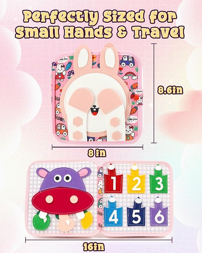 Montessori Busy Book for Toddlers, 8-Page Sensory Activity Book for Fine Motor Skills & Basic Dress Learning, Portable Travel Toy for Preschool Kids, Birthday Gift for Boys and Girls (Rabbit)