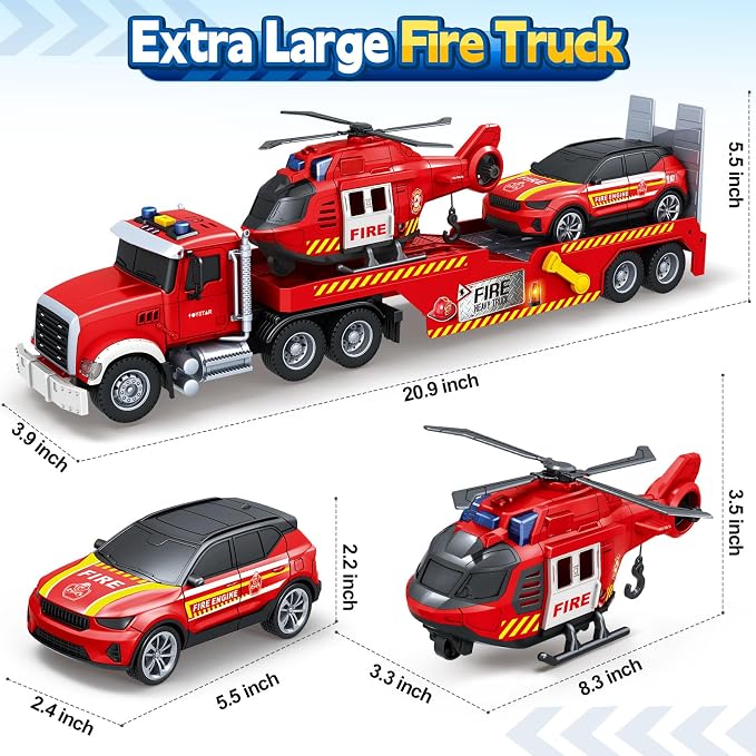 Bstoyder Toddler Boy Toys for 3 4 5 6 7 Years Old Kids, 21" Semi Fire Truck Toy with Racing Car and Helicopter, Friction Powered Toys with Lights and Sounds, Birthday for Boy Girls