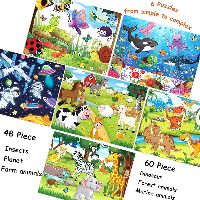 Puzzles for Kids Ages 4-8, Wooden Jigsaw Puzzles 48 & 60 Pieces, 6 Pack | Colorful Toddler Puzzle Set, Educational Learning Toys, Birthday Gifts for Boys Girls