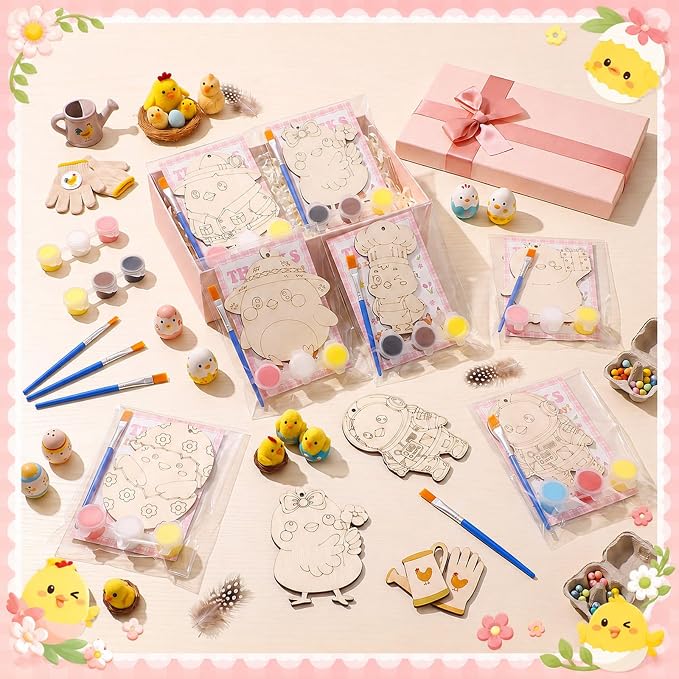 Saypacck 24 Pcs Party Favors Wooden Painting Craft Kits Birthday Party Supplies with Organza Bag for Goodie Bags Fillers Adult Thank You Gifts(Chicken)