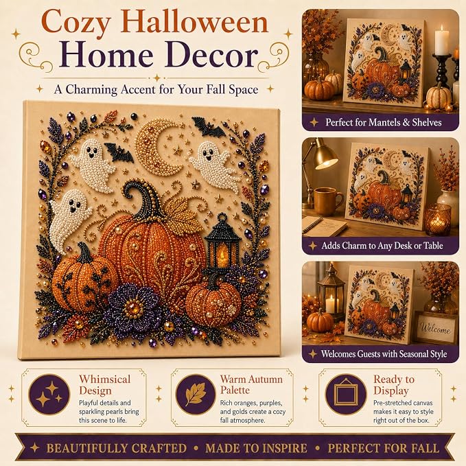 Halloween Pearl Art Kit for Adults, DIY Fall Craft (Pumpkin) | Create textured Halloween decor through a screen-free, beginner-friendly craft activity.
