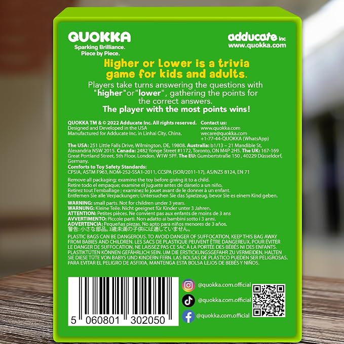 QUOKKA Trivia Board Games for Kids and Adults – 4xSET Family Board Games for Game Night – Higher or Lower Trivia Cards for Kids 8-12 - Challenge History, Science, Geography & More for Families & Teens