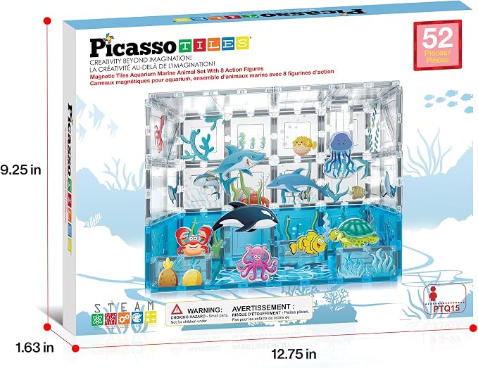 PicassoTiles 52 PCS Magnetic Tiles Ocean Animal STEM Set 8 Figures Ages 3+ | 44 blocks, 22 aquatic prints, BPA-free & non-toxic plastic, strong hold, roleplay, sensory discovery, motor skills
