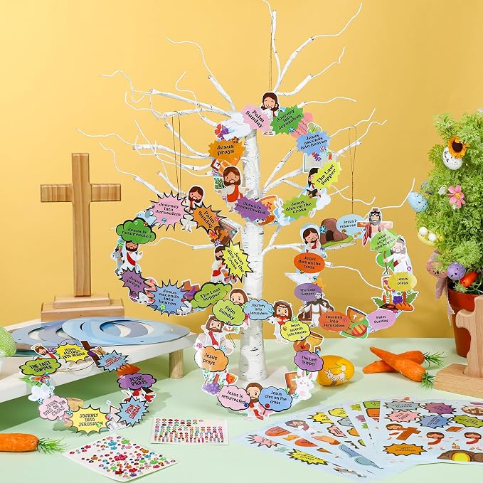 Hollowfly 48 Sets Christian Easter Wreath Craft Kit for Sunday School | 8 Jesus-Themed Designs with Cross, Donkey and Empty Tomb, Bible Stickers for Church and VBS Activities