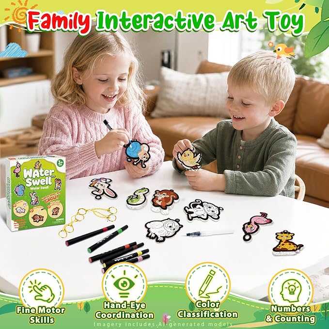 Trubic 15 Pcs 3D Art Craft Kit, Forest Animal Mess-Free Water-Activated DIY Inflate Painting Set, Color Creative Activity Toys, Screen-Free Travel Creative Gifts for Kids Boys Girls Ages 4–10