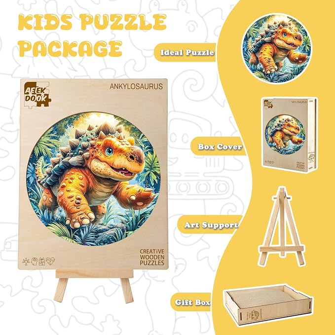Dinosaur Wooden Puzzles for Kids - Ankylosaurus | 50 Piece Puzzles for Kids Ages 6-8, Kids Puzzles with Unique Animal Shapes, Round Gift for Girls and Boys (11.4 * 11.4 in)