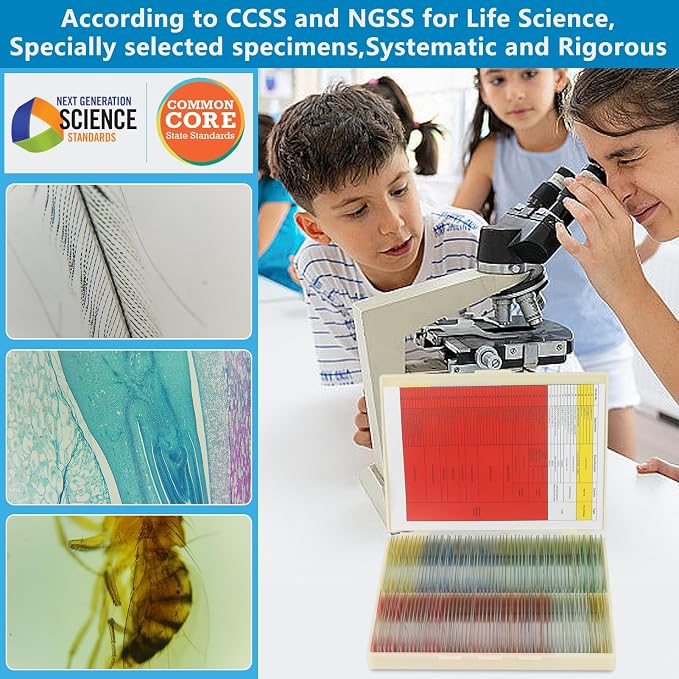 120 Microscope Slides with Specimens Set, Lab-Grade Prepared Microscope Slides for Kids Adults, Animal/Plant/Microbe/Tissue/Cells, STEM Biology Kit for Homeschool, Classroom Labs & Science Education
