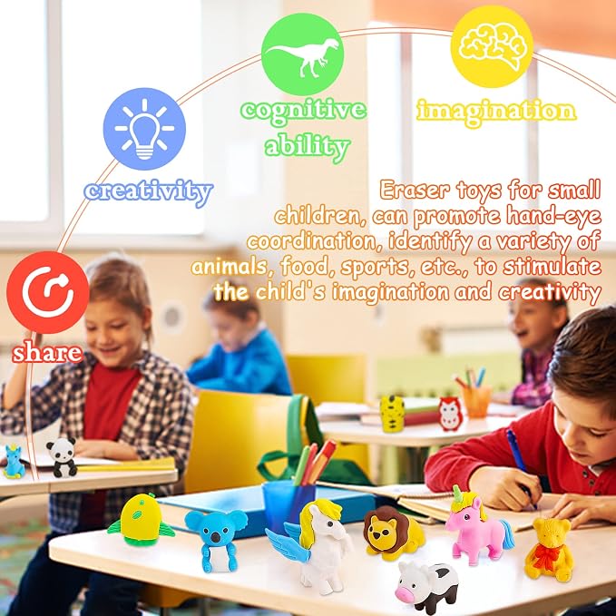 URSKYTOUS 60Pcs Animal Erasers Desk Pets for Kids,Classroom Prizes | Bulk Pencil Puzzle Erasers for Back to School,Treasure Chest,Goodie bag stuffers,Easter Egg Fillers,Stocking Stuffers