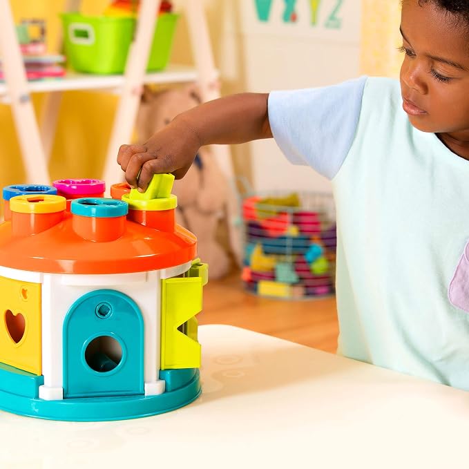 Battat Color Sorting Toy with Keys and Storage, Toddler, 14-Piece Set | Take-along shape sorting house with 12 different shapes, color-coded keys, carry handle, and storage inside, 2+ Years