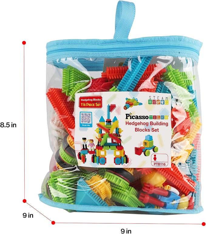 PicassoTiles 116 Piece Hedgehog Building Blocks, STEM Toy Set Kids Ages 3+ | soft interlocking bristle tactile construction, 4 action figure characters, decorative eyes, early educational creative play