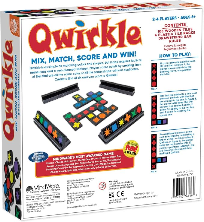 MindWare Qwirkle with Trays Strategy Board Game, 108 Wooden Tiles | Match colors and shapes to score in this family strategy game for 2-4 players. Includes 4 storage trays, ages 6+
