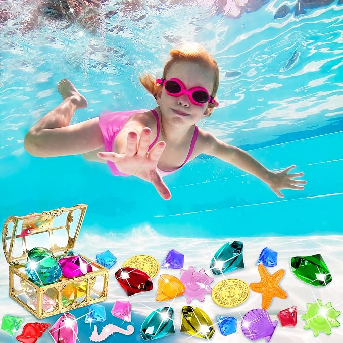 70 Pcs Diving Gem Pool Toys with 2 Treasure Pirate Boxes | Colorful Acrylic Diamonds, Fake Gemstones, Swim Underwater Toys, Pool Water Games, Summer Birthday Gift Party Decorations