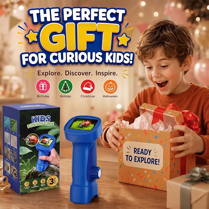 1000X Handheld Digital Microscope for Kids: Explorer 1080P Magnifying Glass | 2.4” IPS Portable Electronic STEM Outdoor Montessori Learning Toy, Birthday Gifts for 4 5 6 7 8-12 Year Old Boys Girls