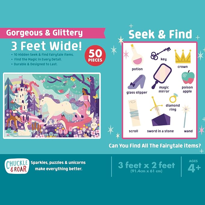 Chuckle & Roar - 50 Large Piece Fantasy Jigsaw Puzzle for Kids Ages 4-8 | Glitter Accents, Large Pieces, 3ft x 2ft giant format, Educational, Giftable