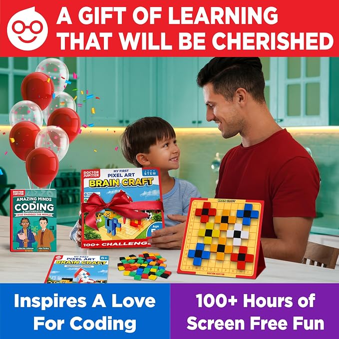Doctor Jupiter My First STEM Pixel Art Kit for Kids Ages 5+ | 100+ Coding Challenges, Birthday Gift for Boys & Girls Ages 5,6,7, Montessori Educational Math Toy