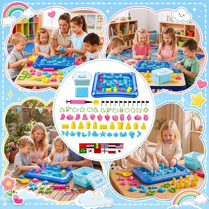 Teyva Daily 59 Pcs Sensory Bin Sand Kit with 2.2lbs Blue Moldable Play Sand, Inflatable Tray, Lidded Storage Box, Castle Ocean Animal Fruit Molds, Flags and Pump for Kids Toddler Ages 4-6