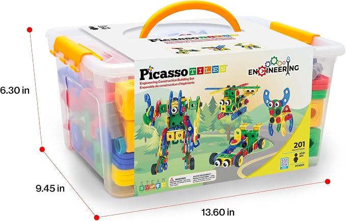 PicassoTiles 201pc STEM Learning Block Construction Kit with Power Drill and Clickable Ratchet Educational Engineering Toy Set Kids Age 3 Plus Preschool Activity Creative Play with Idea Book PTN201