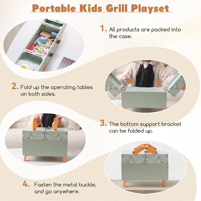 Wooden Kids Grill Playset with Play Kitchen Accessories| Pretend Play Toys for Toddlers 3-5, Cooking BBQ Play Food Toy for 3+ Year Old Boys & Girls, Birthday Gifts for Kids