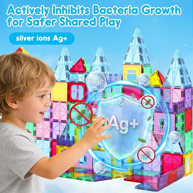 Antibacterial Magnetic Tiles 142PCS with 2 Cars, Built-in Antibacterial Protection, Inhibits Bacterial Growth for Healthier Play, STEM Educational Building Blocks for Kids Aged 3+