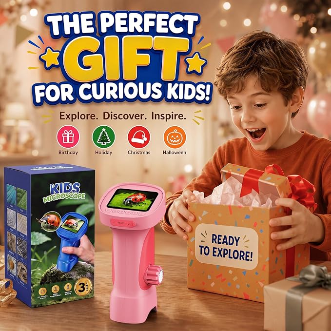 1000X Handheld Digital Microscope for Kids: Explorer 1080P Magnifying Glass | 2.4” IPS Portable Electronic STEM Outdoor Montessori Learning Toy, Birthday Gifts for 4 5 6 7 8-12 Year Old Boys Girls