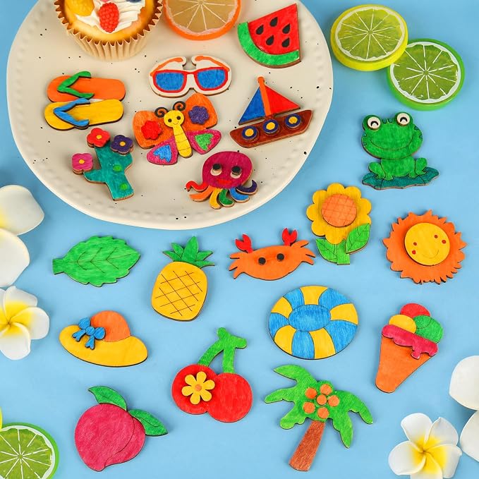 Worgree Summer Crafts for Kids, 36pcs DIY Wooden Magnets Art Craft Supplies | Painting Kit for Boys Girls Ages 4-8 8-12 Birthday Party Gifts Summer Activities School Classroom Prizes